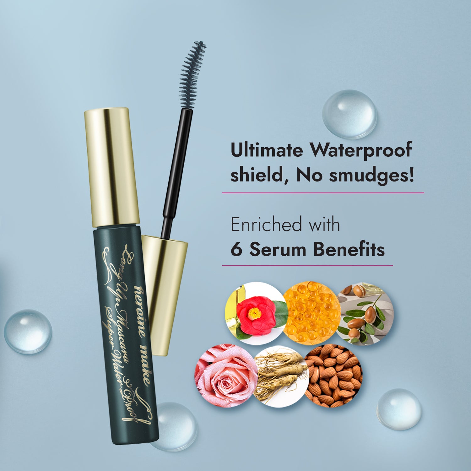 Ultimate waterproof shield, no smudge. 6 serum ingredients contained
